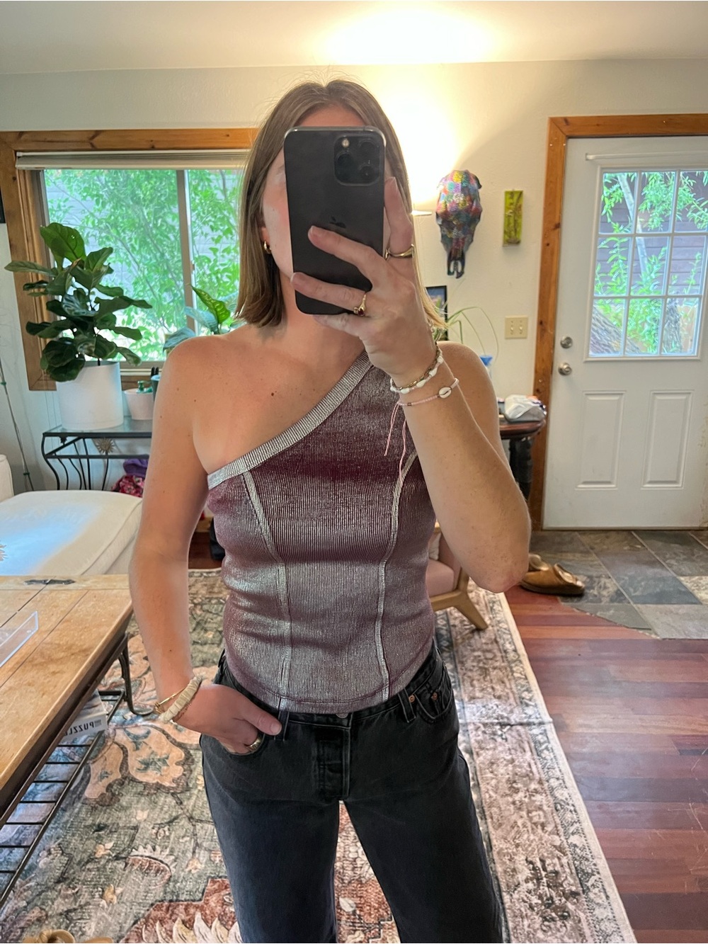 silence + noise Metallic One-Shoulder Pink Camisole